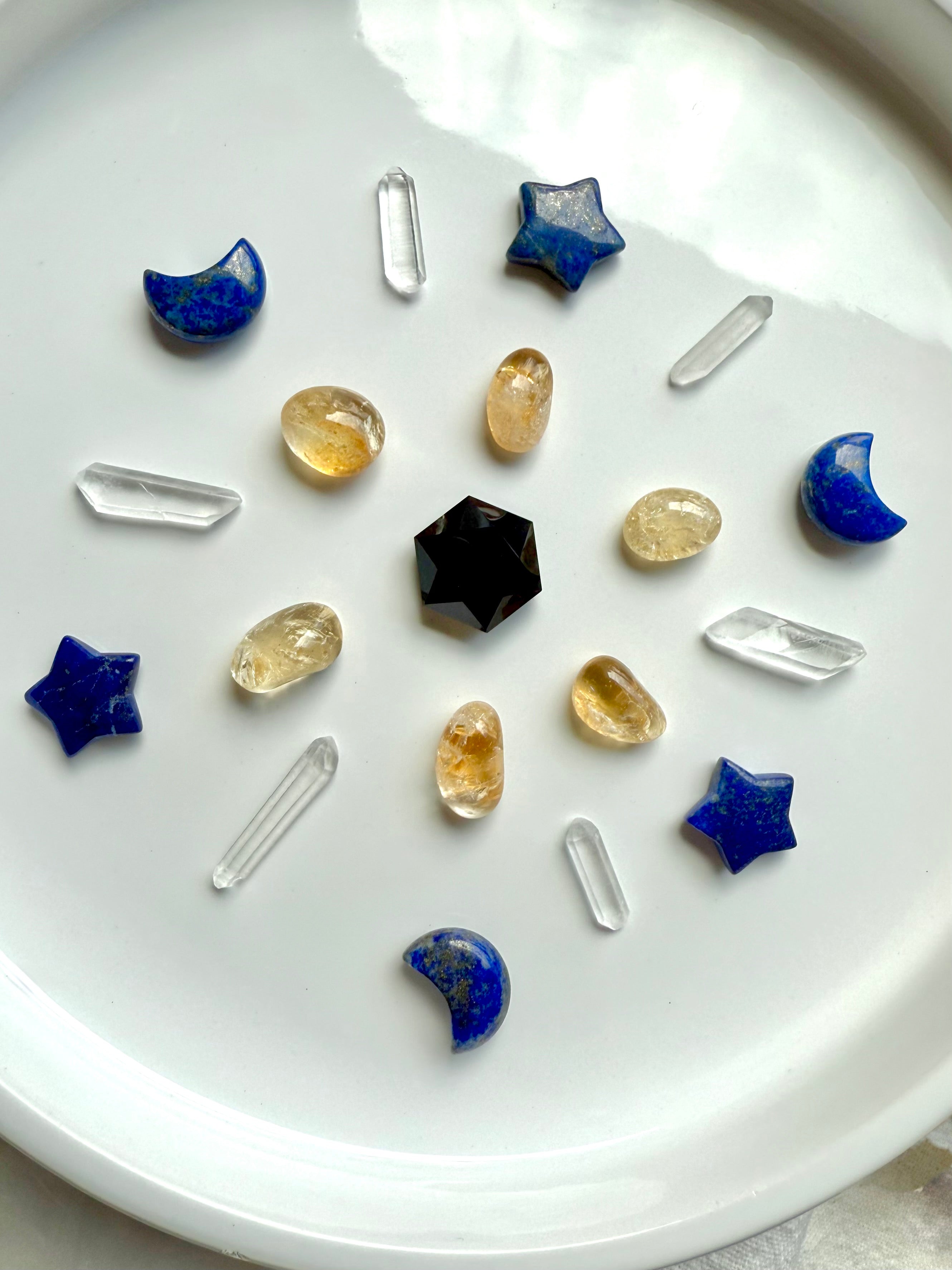 Crystal grid with Mini Lapis Lazuli crescent moons and stars for intuition and clarity