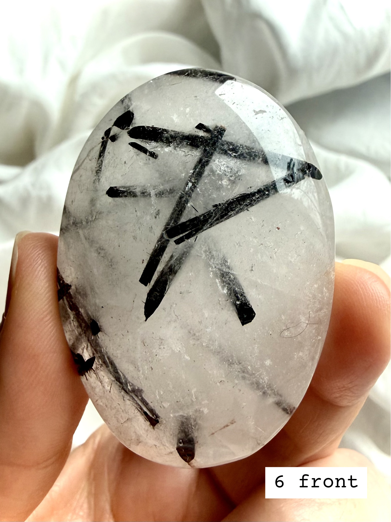 Black Tourmaline in Quartz palm stone 6 front view polished Tourmalinated Quartz crystal