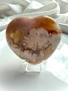 Pink Amethyst Flower Agate Heart on stand with soft pastel swirls and well formed cherry blossoms