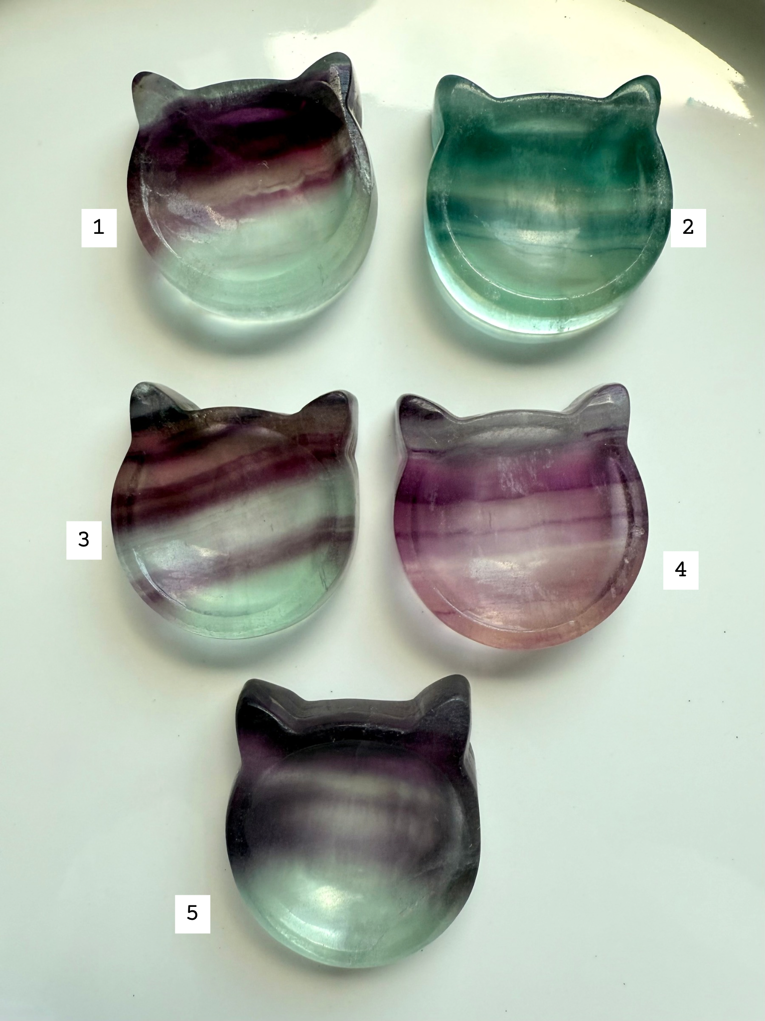 Rainbow Fluorite cat bowls carved from crystal – small ring and jewelry holders