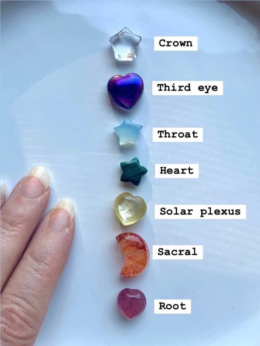 7 mini chakra crystals aligned by energy center from root to crown, labeled with a hand for scale