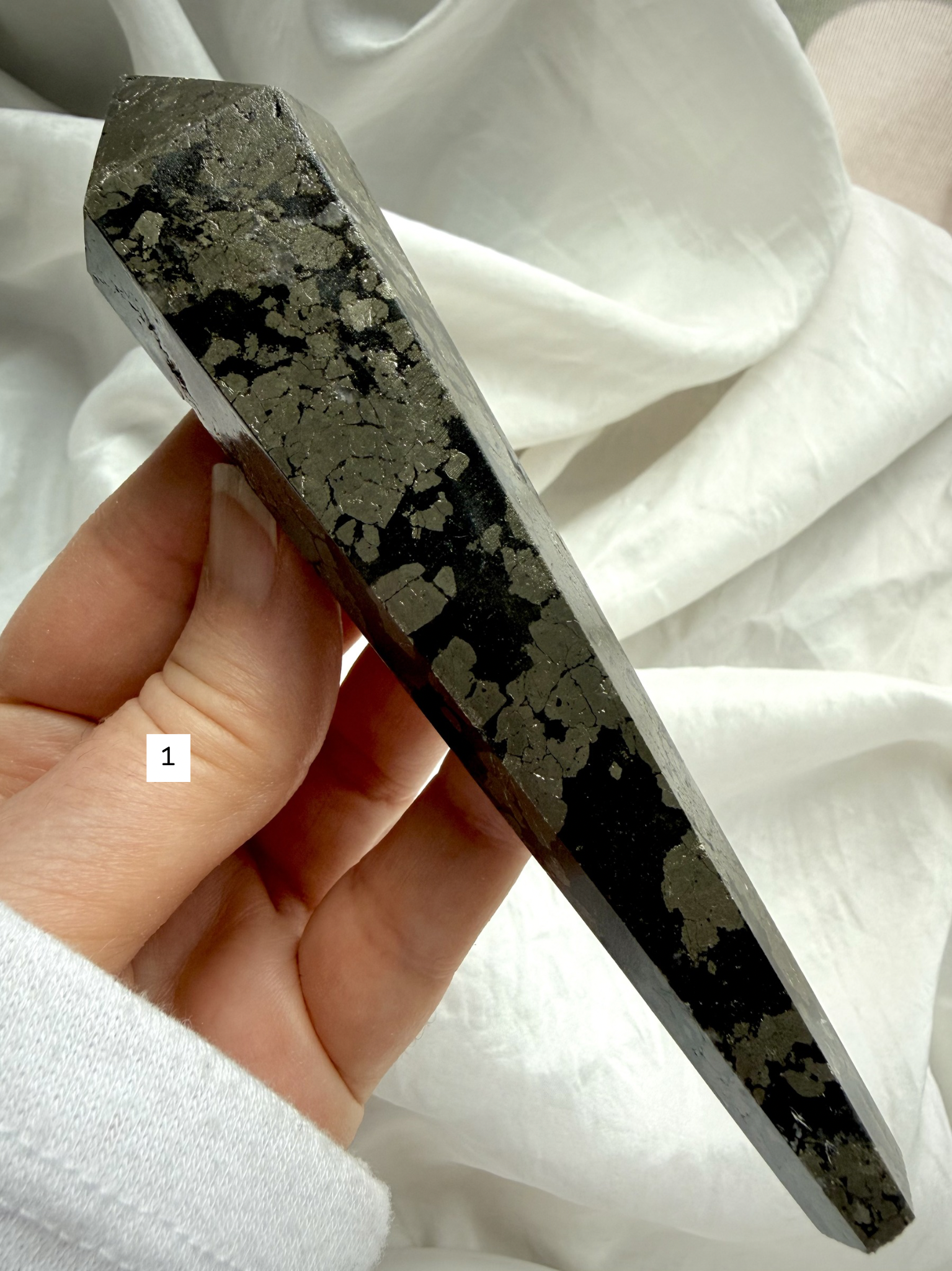 pyrite wand in black matrix polished crystal point option 1 abundance stone