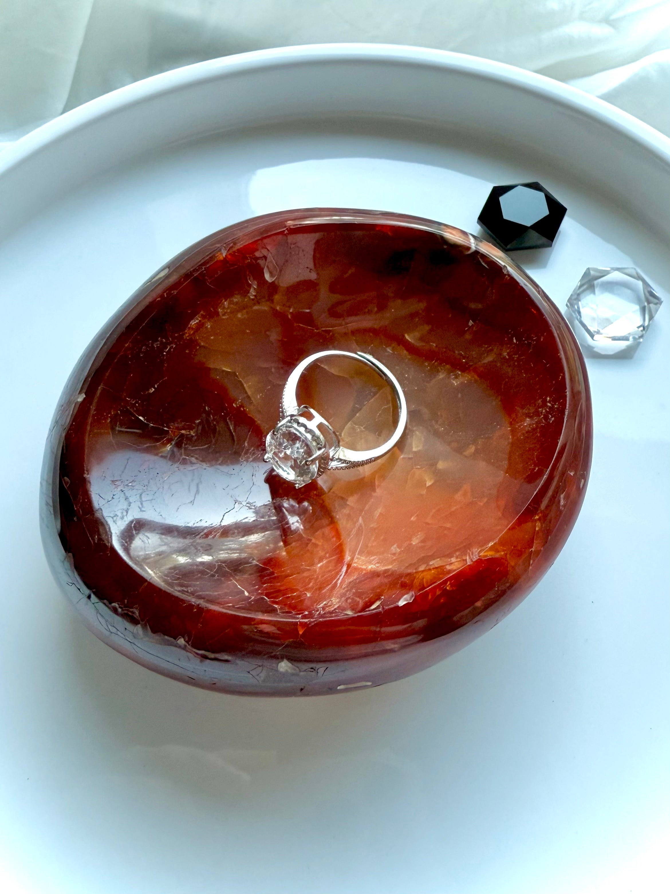 Carnelian gemstone offering dish with moonstone ring, faceted black obsidian and clear quartz – metaphysical jewelry holder for sacred space