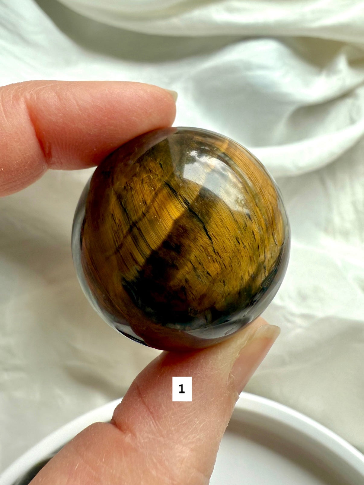 Tiger’s Eye Sphere #1 – close-up showing golden bands, chatoyancy &amp; grounding energy