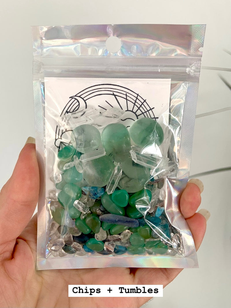 Show the packaging for the Mermaid Crystal Confetti Mix with the chips and tumbles