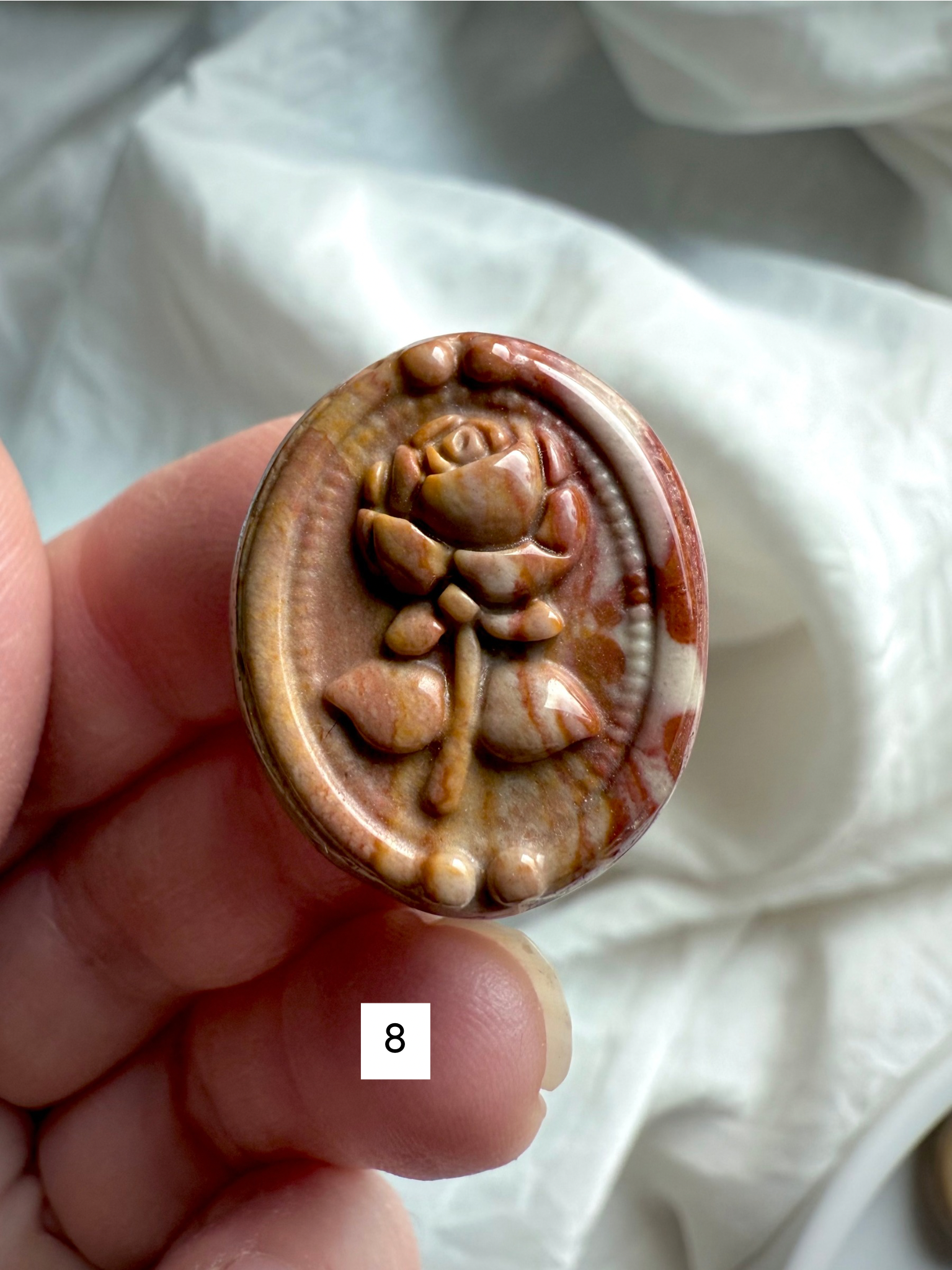 Polychrome Jasper Rose carving #8 close-up with rich caramel, mocha, and cream marbling