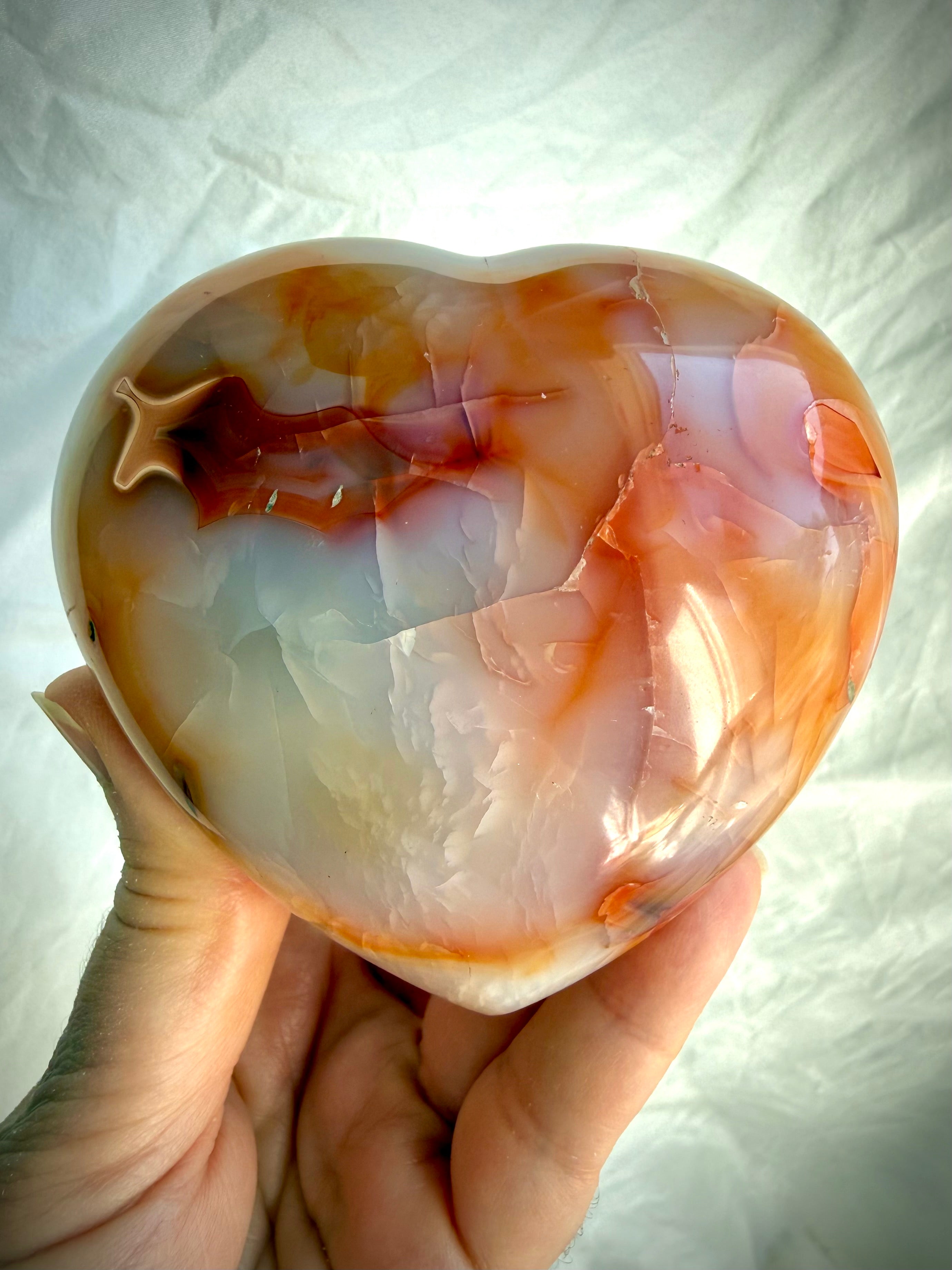 Carnelian heart crystal with warm orange, cream and honey banding, polished one-of-a-kind Sacral Chakra stone for creativity and confidence