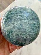 Moss Agate display sphere with Quartz veining for meditation, crystal decor, and sacred spaces