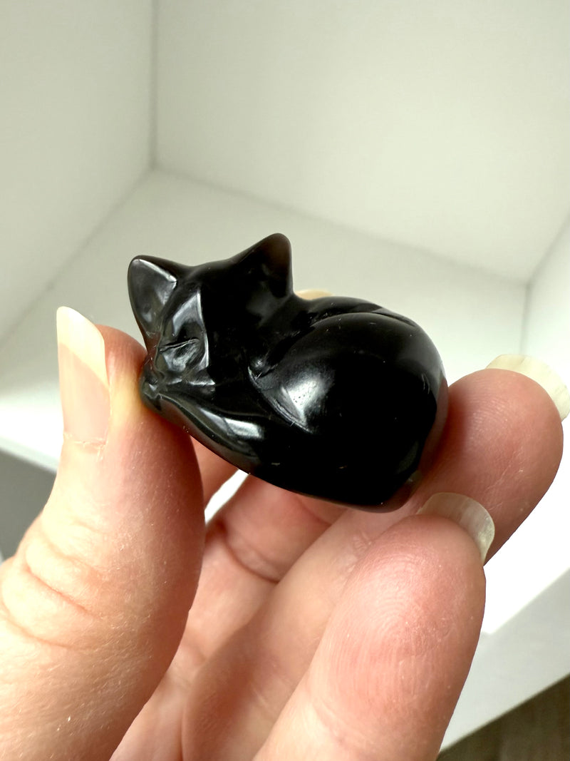 This tiny Silver Sheen Obsidian Sleeping Cat carving has really cute details in the face