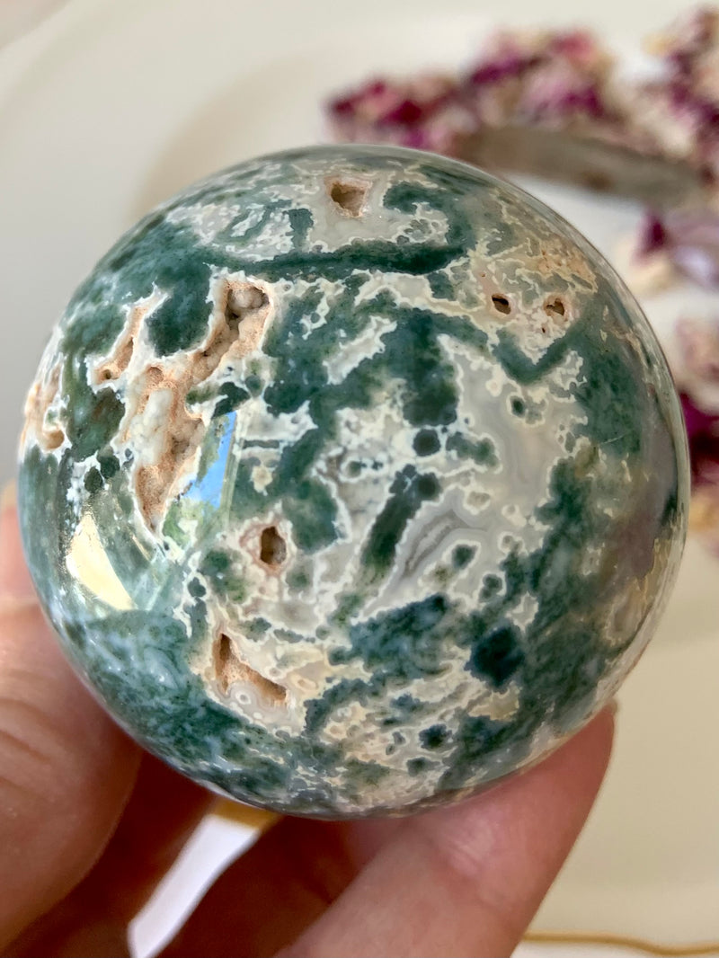 Moss Agate Sphere with Druzy