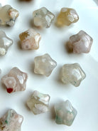 overhead view of mini Flower Agate starfish carvings displaying variation in color, pattern, and floral formations