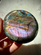Purple flash Labradorite palm stone with lavender, pink and golden labradorescence, a one-of-a-kind Madagascar crystal