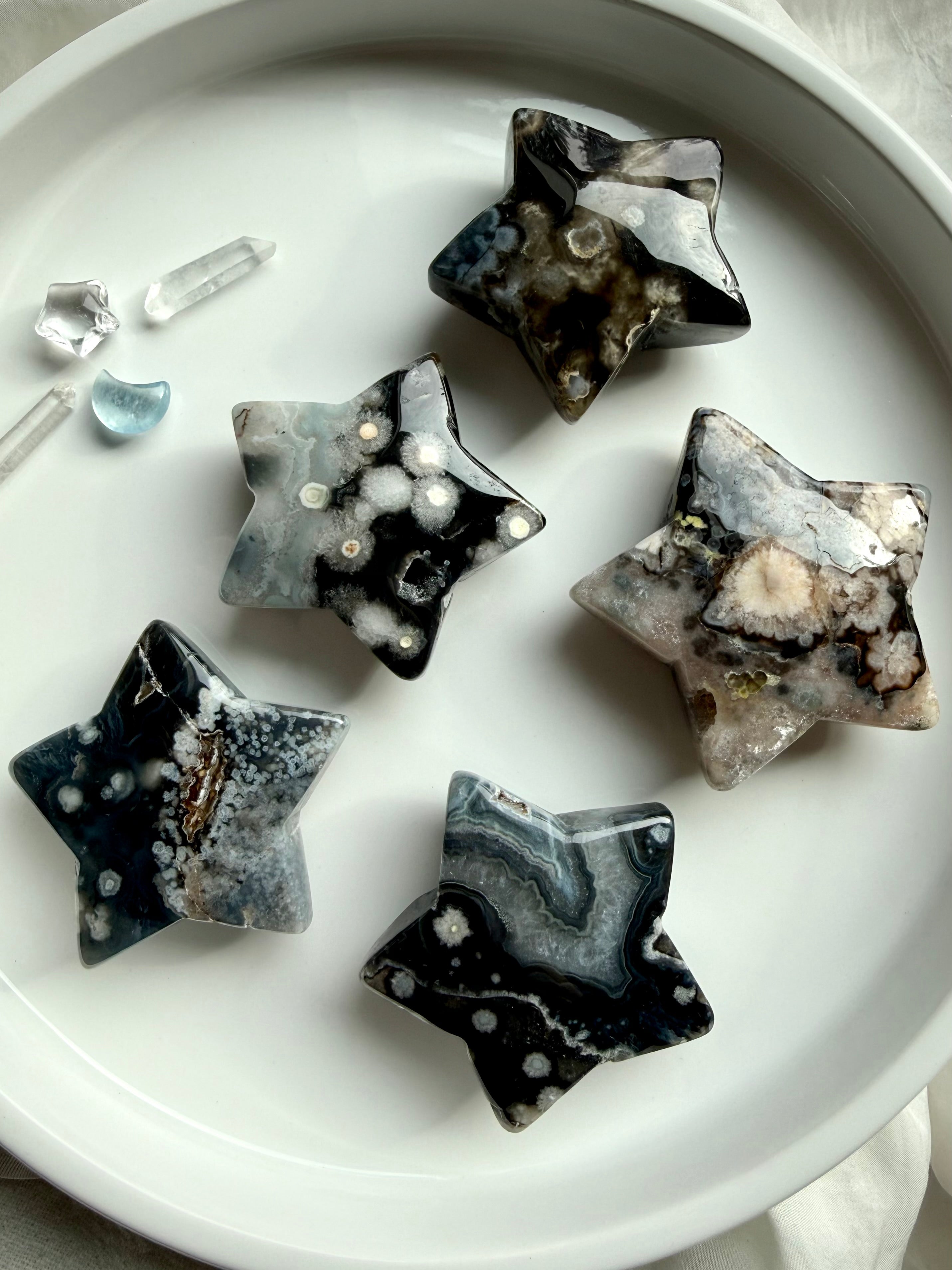 black flower agate star carvings choose your own crystal stars with natural white floral plume patterns and polished finish