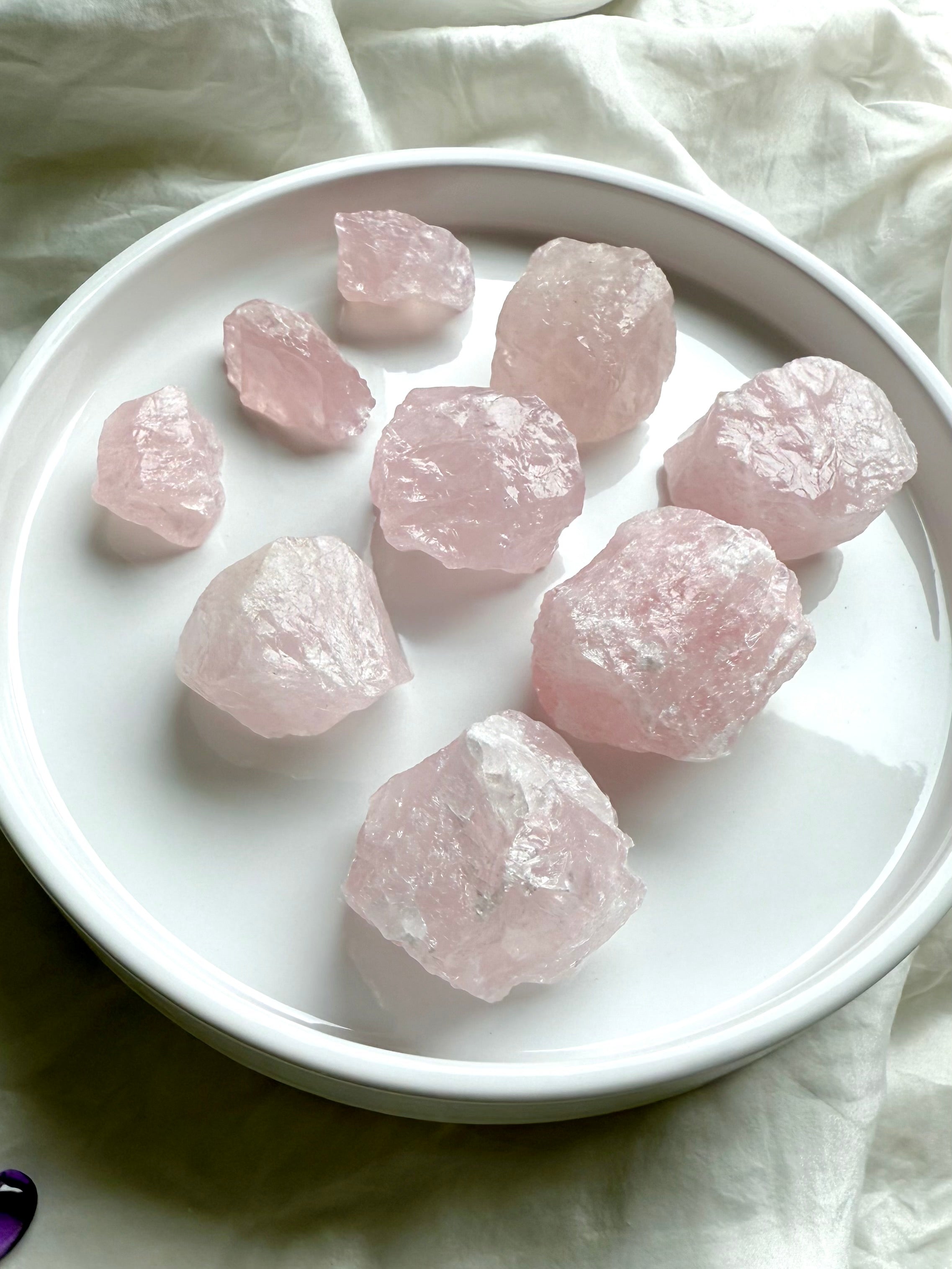 Raw Rose Quartz chunks arranged by size in neat rows on white plate. Heart chakra stones for love.