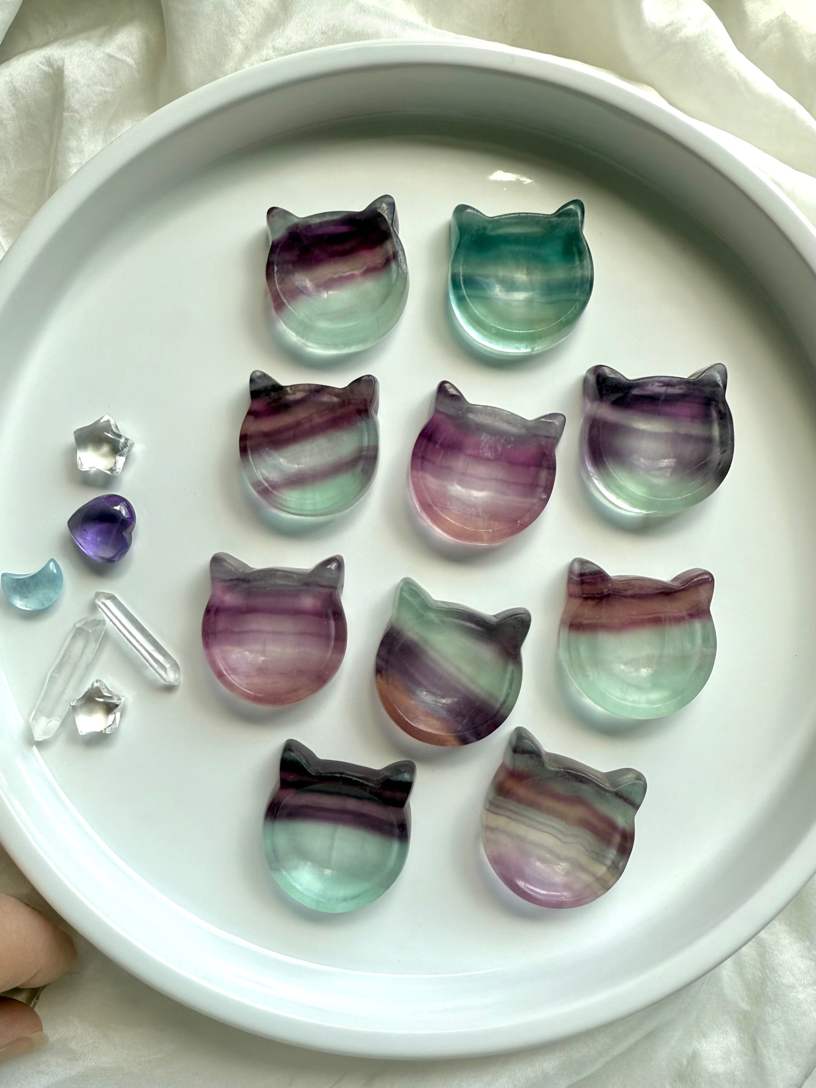 Collection of Fluorite crystal cat-shaped bowls with jewelry and altar décor 
