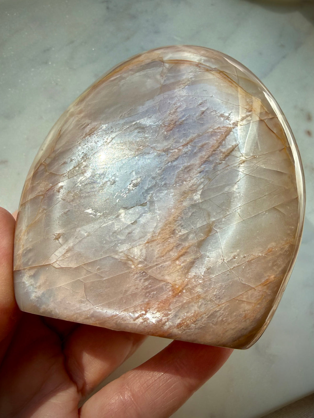 Peach Moonstone freeform showing silvery Moonstone shimmer with warm golden undertones and natural feldspar character