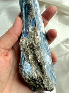 Detail of blue kyanite blades and muscovite inclusions, natural unpolished crystal specimen