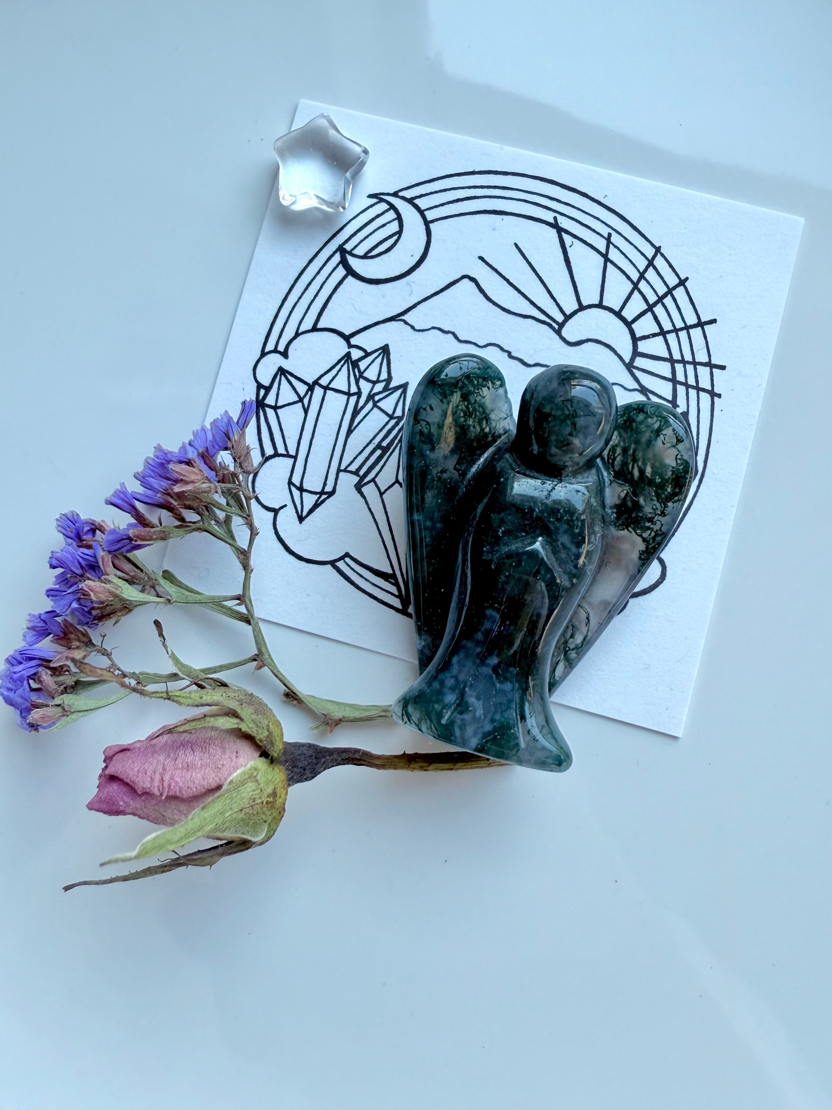 Moss Agate Crystal Angel with Clear Quartz star and mini dried flower bouquet on celestial info card.