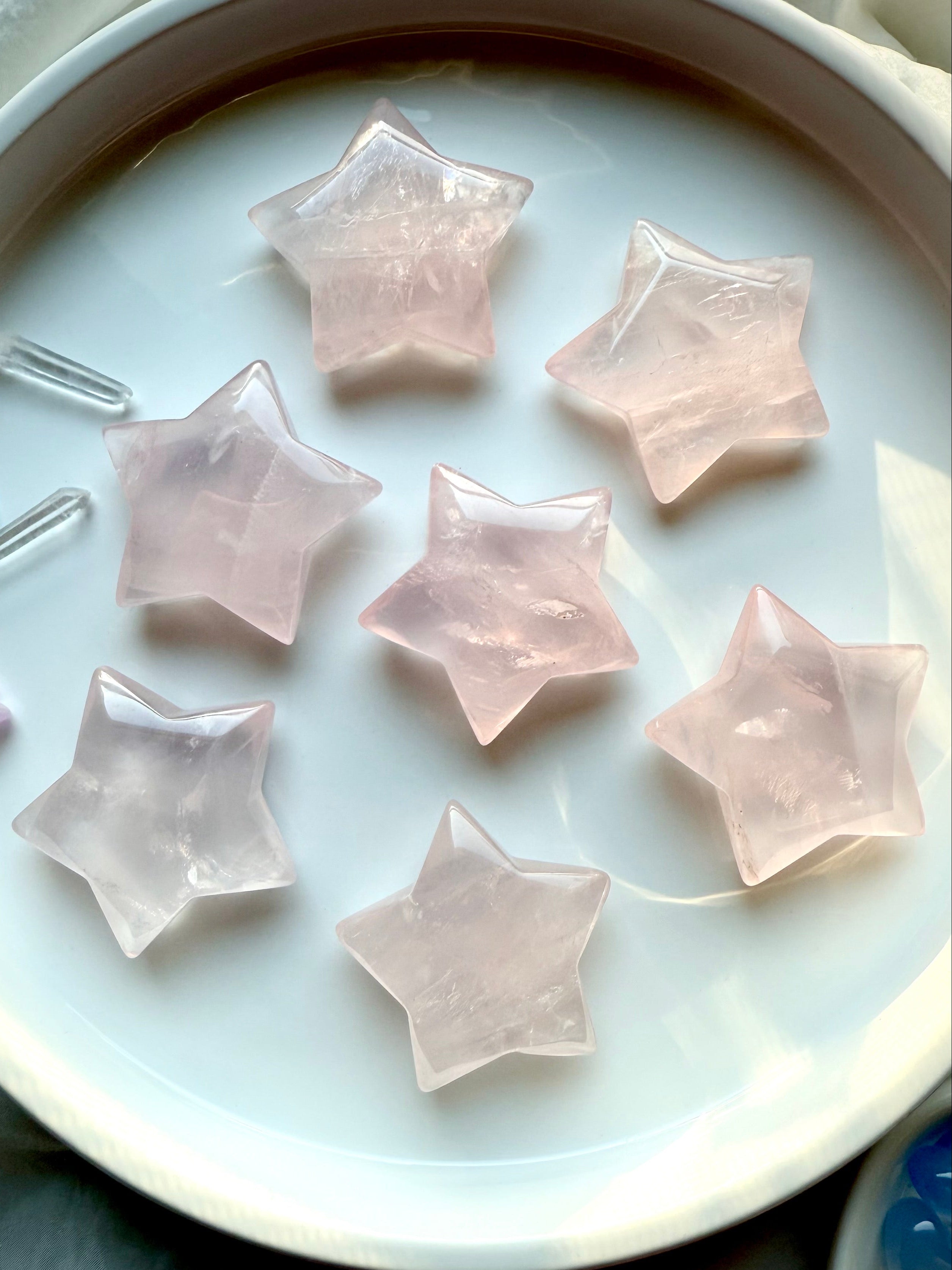 Large Mozambique Rose Quartz Stars — pink crystal star carvings 1.85–2.05 inches each, polished for Heart Chakra healing and energy work.