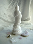 Back view of White Jade Standing Goddess carving highlighting flowing robes and craftsmanship