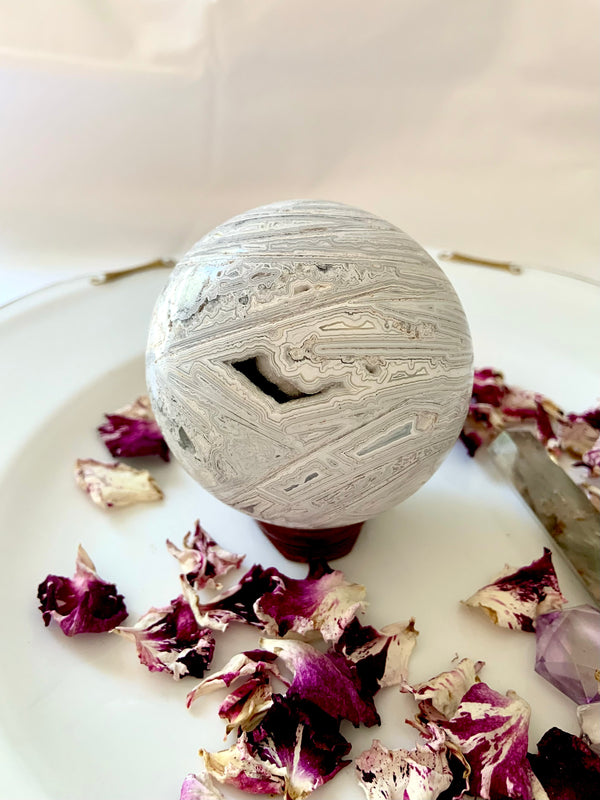 White Lace Agate Sphere on Stand