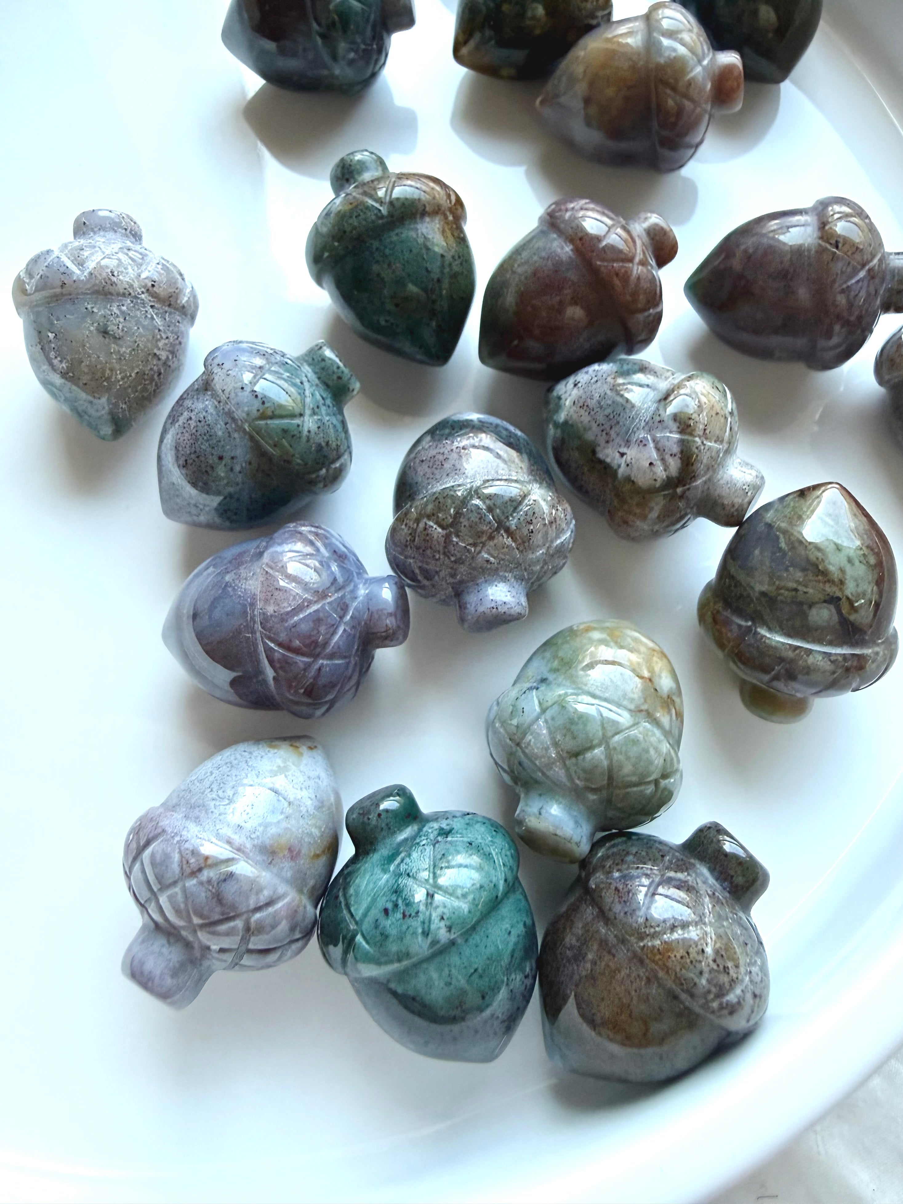 Ocean Jasper crystal acorns in teal, lavender, green, cream and earthy brown with naturally varied color zoning