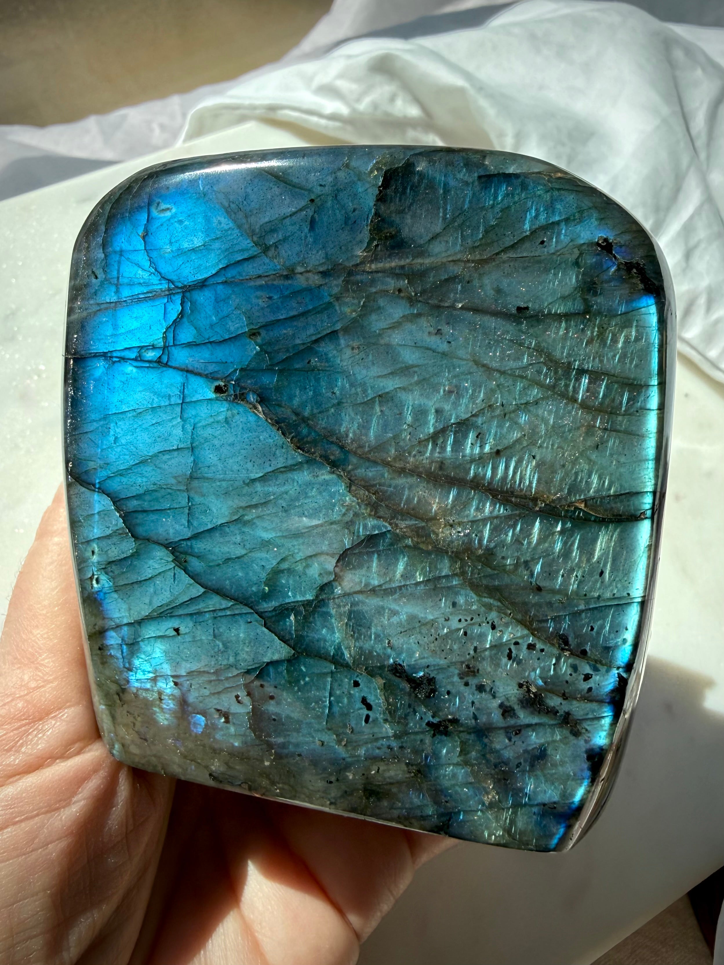 Full flash blue Labradorite crystal with brilliant labradorescence and dark contrasting mineral patterns