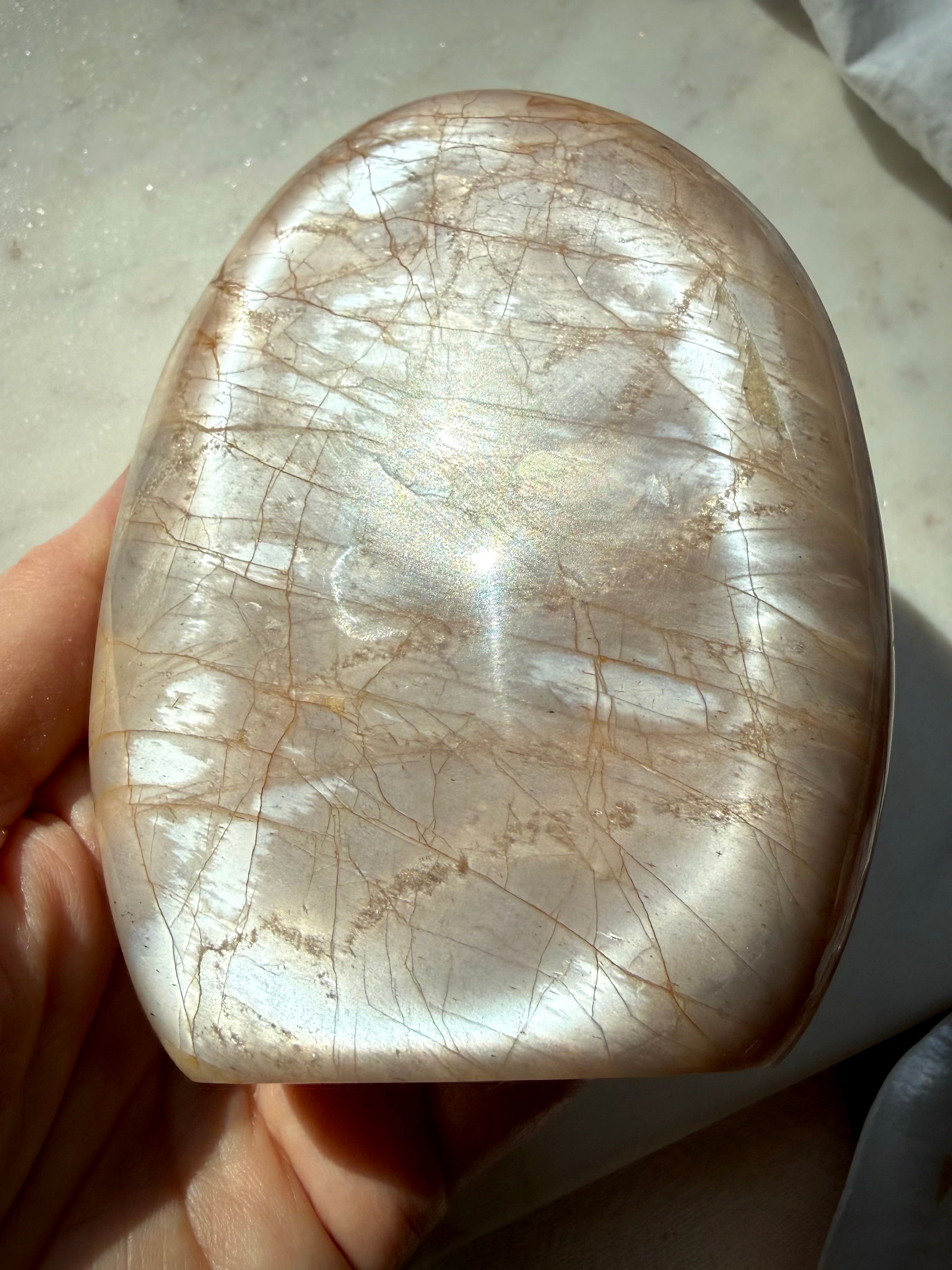 One-of-a-kind Peach Moonstone crystal freeform with glowing silvery shimmer for intuition, meditation and emotional healing