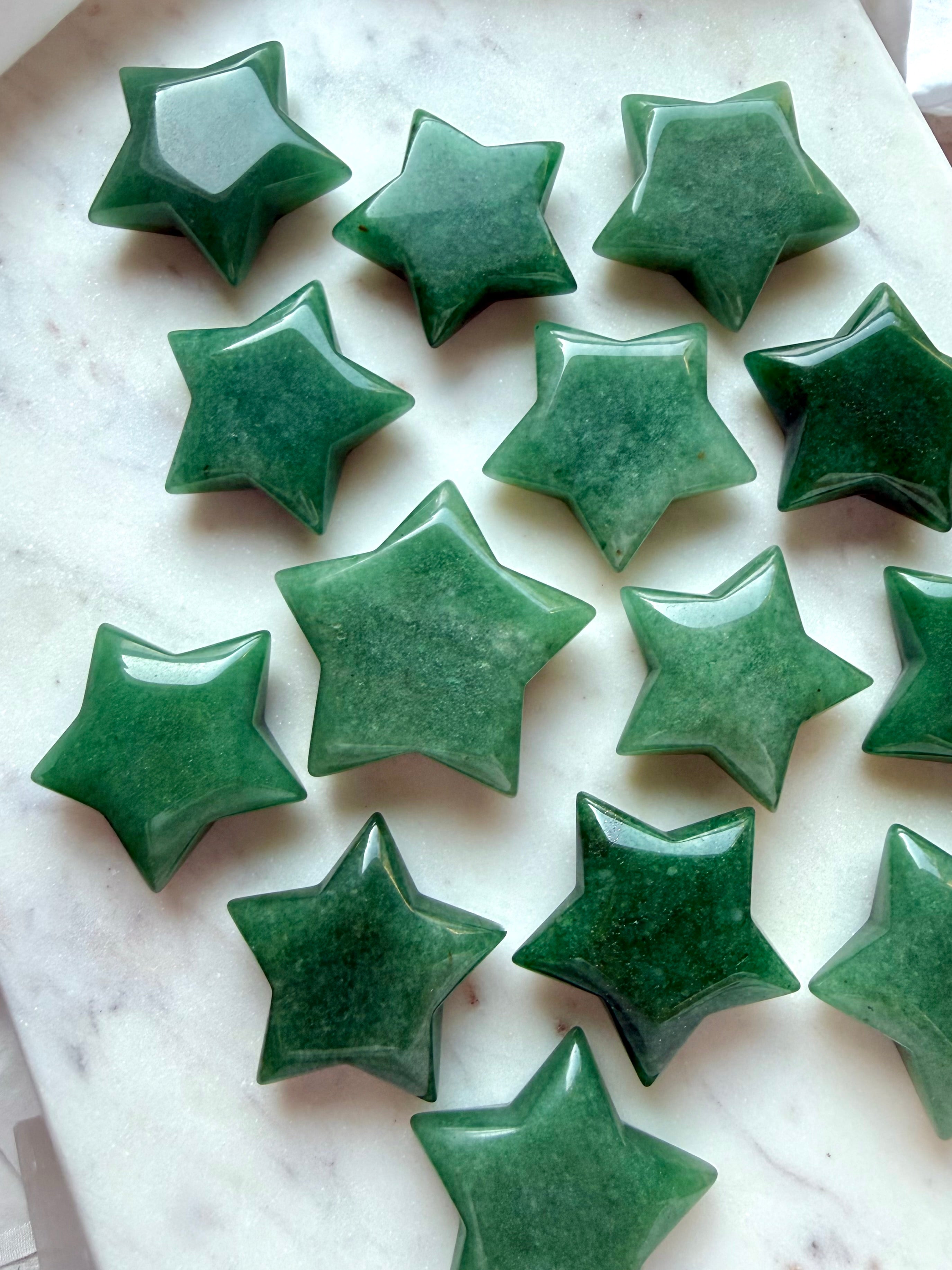 Green Aventurine star carvings in natural sage to forest green with polished five-point shapes and subtle aventurescence