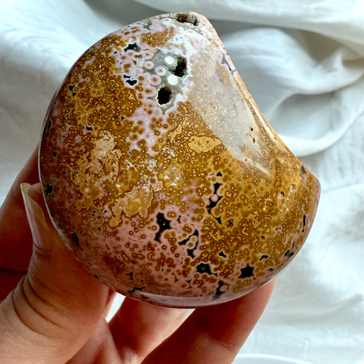 Ocean Jasper Moon – Peachy Pink + Yellow Carving for Healing + Calm ...