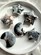 black flower agate moon and star carvings choose your own crystal set with natural floral plume patterns