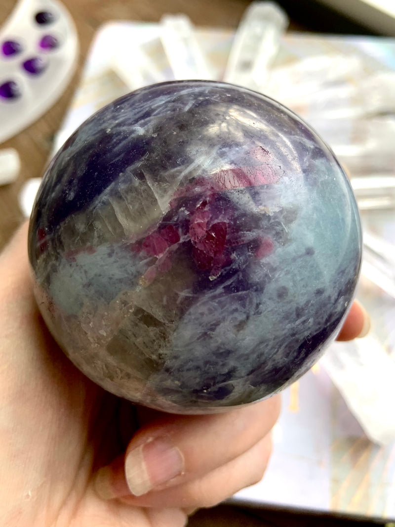 Rare Unicorn Stone Sphere with Aquamarine + Stand