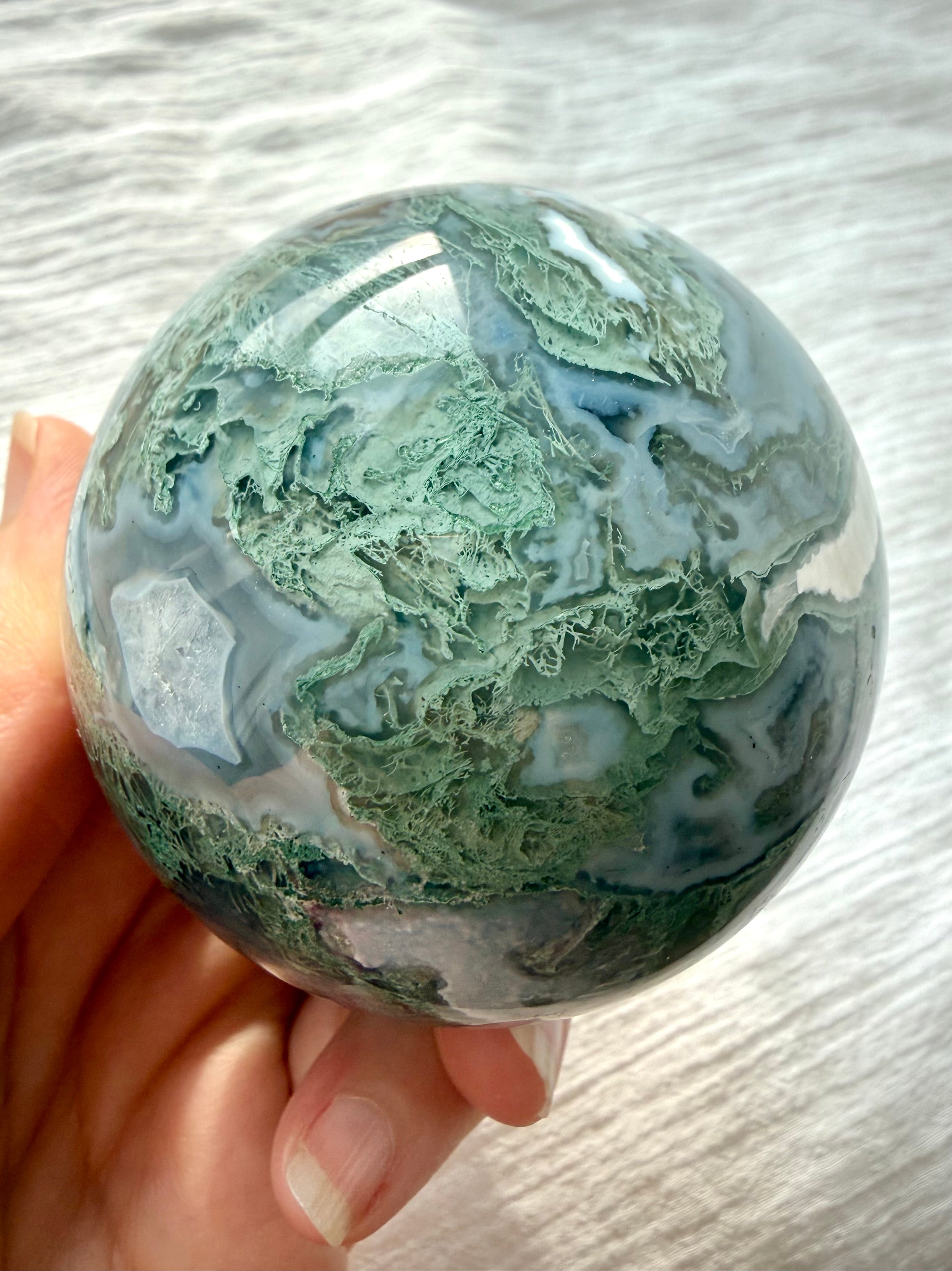 Moss Agate sphere with sparkling Quartz and intricate green dendritic patterns