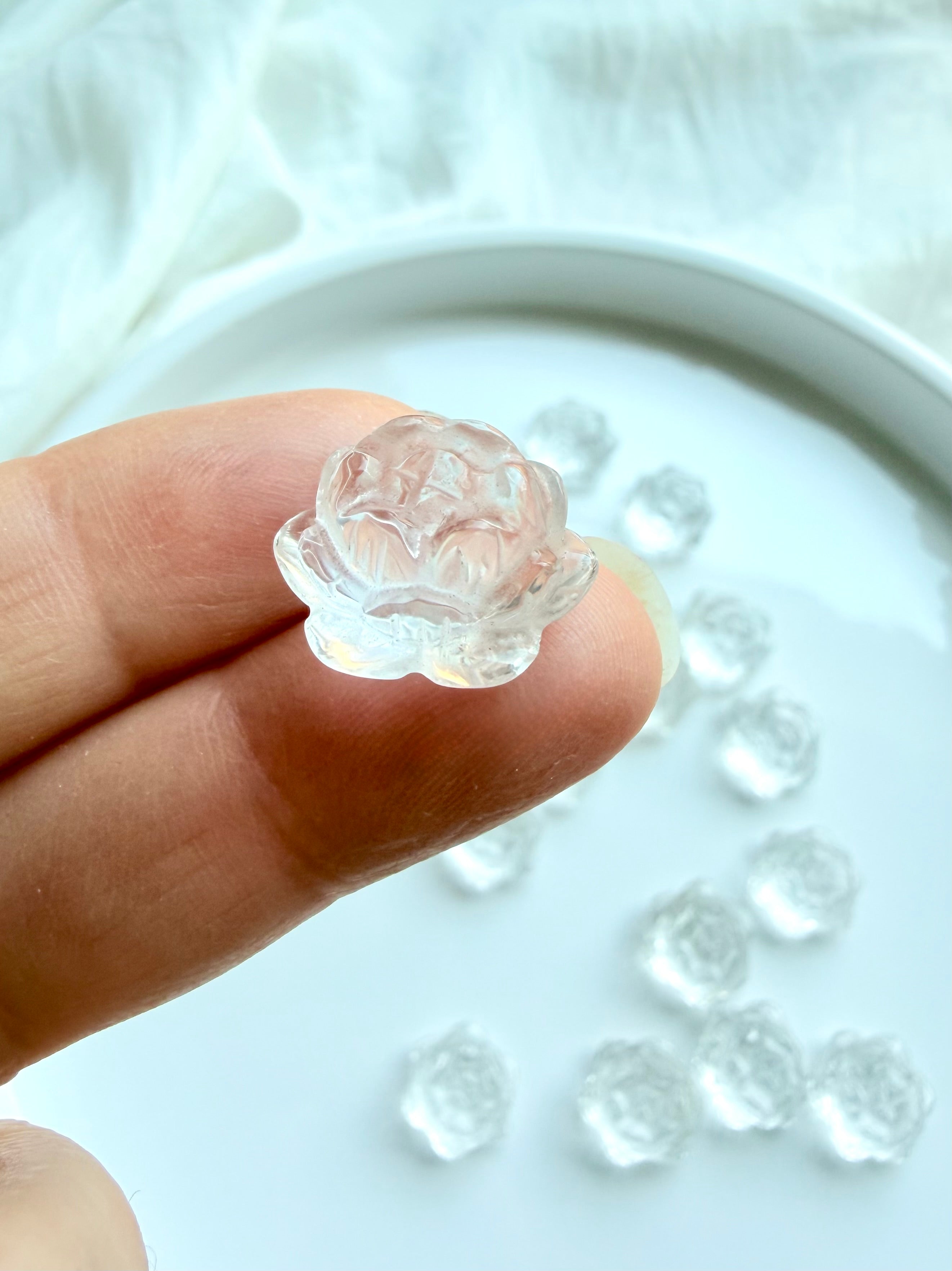 Mini Clear Quartz lotus flower crystal carving with detailed petals for healing, clarity and spiritual growth