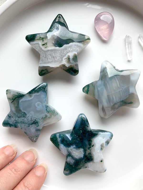 These big Moss Agate Stars are a chunky shape which makes a nice palm stone to hold in meditation or a fabulous crystal gift! Choose your favorite!