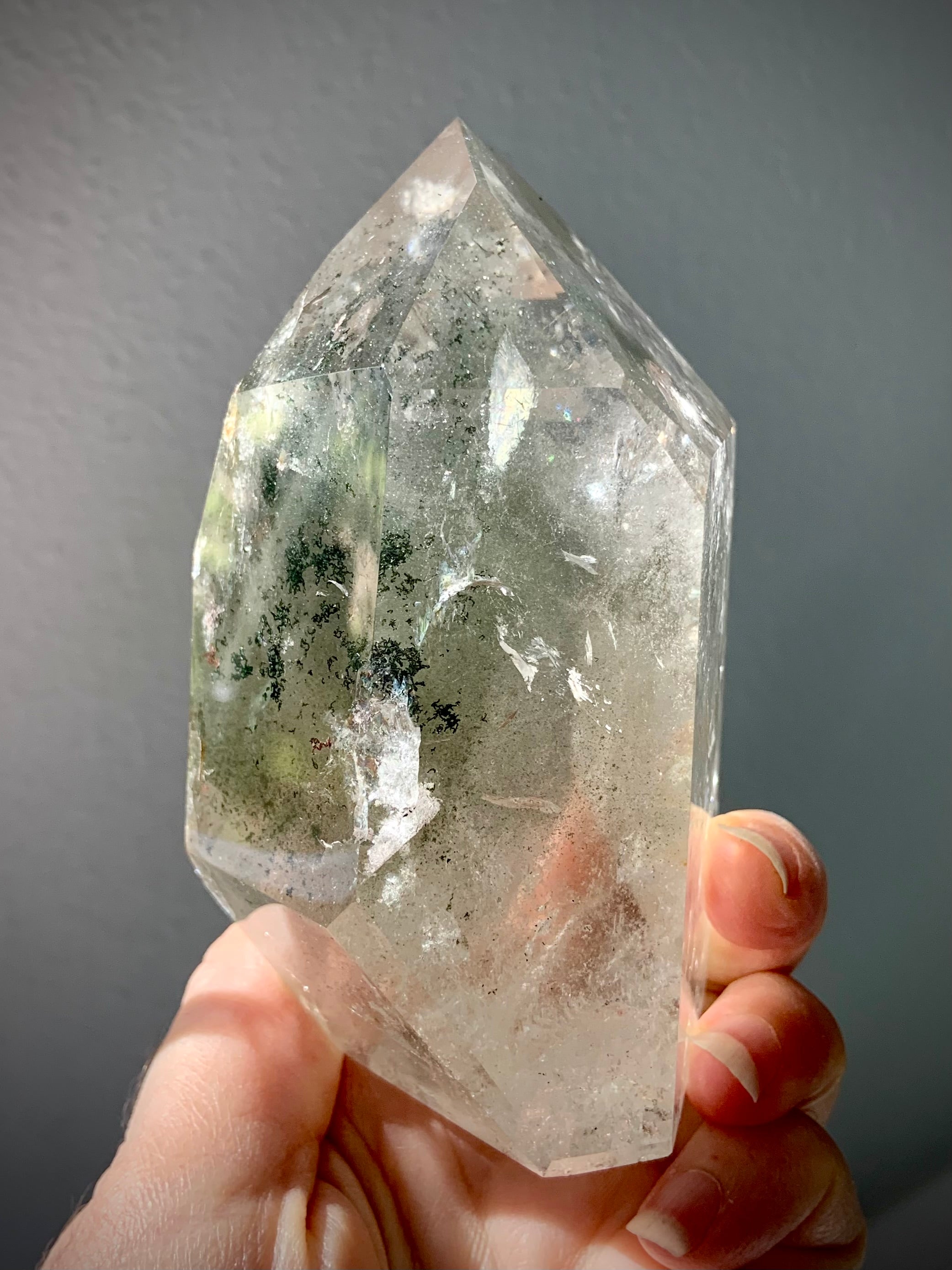 This amazing Garden Quartz Tower is a Master Channeler & Time Link crystal with chlorite phantoms