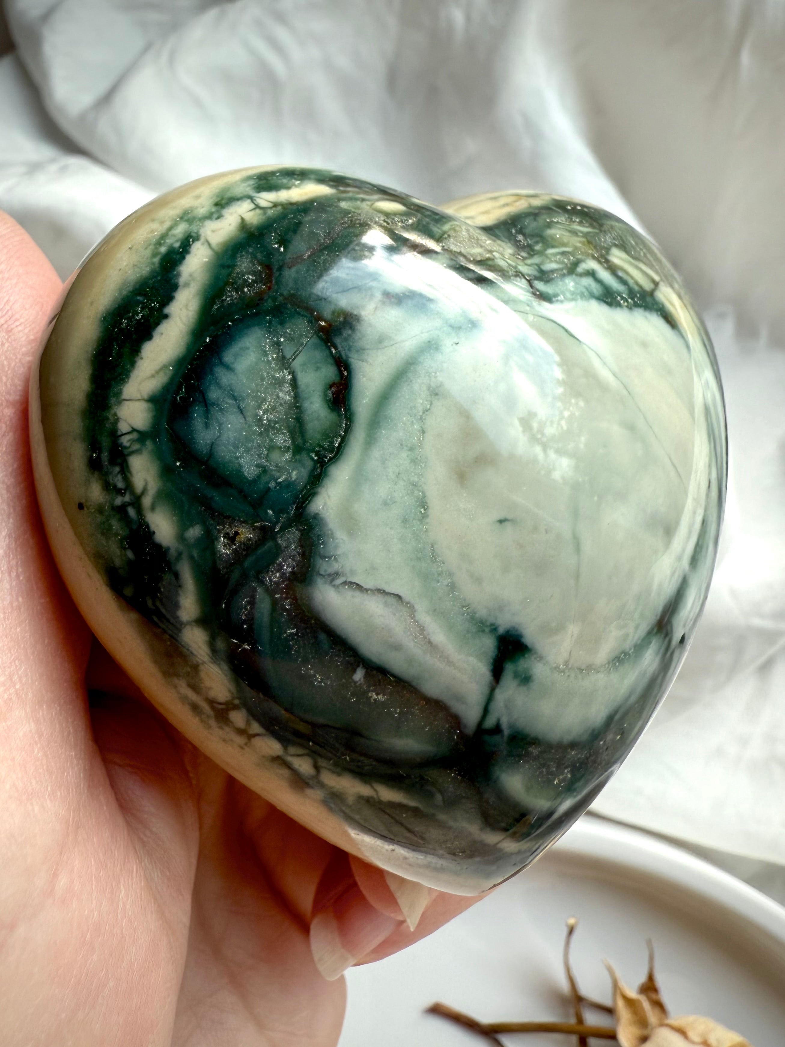 Ocean Jasper crystal heart with warm sandstone hues and deep green swirling patterns — one of a kind heart carving for love energy and harmony.