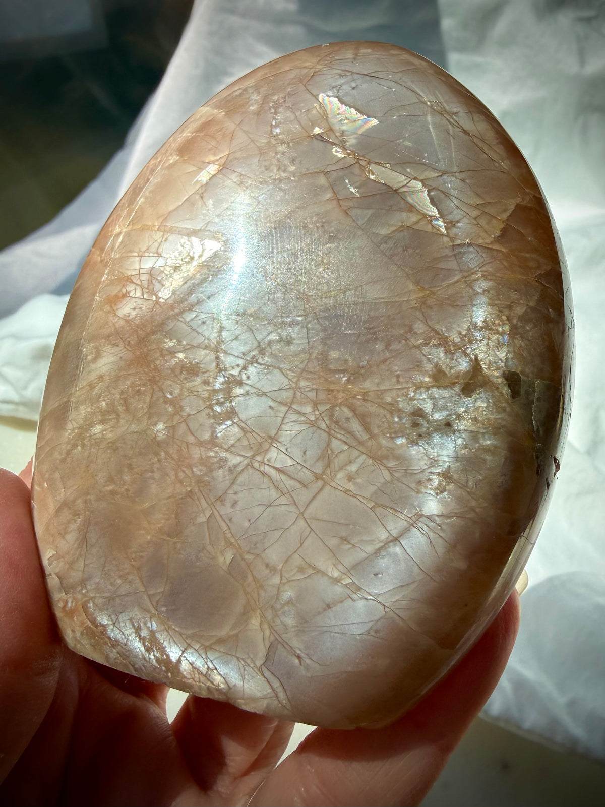 Rainbow Moonstone shimmer across a polished Peach Moonstone freeform with warm peach color and natural feldspar patterns