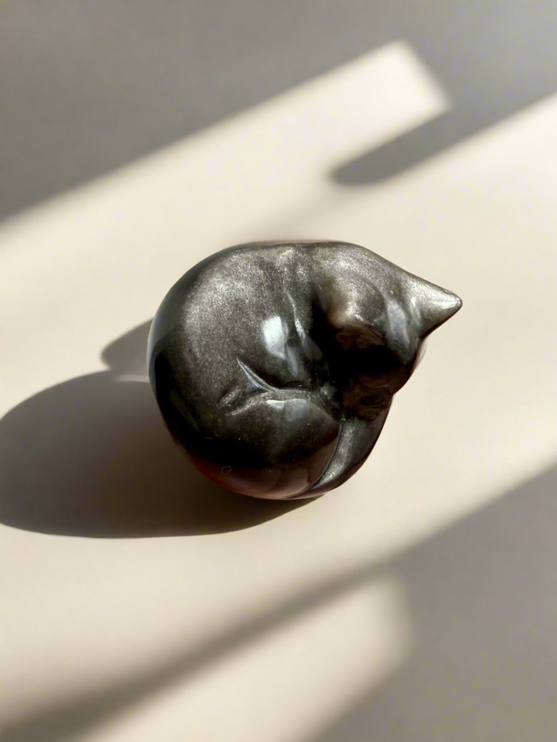 Mini Silver Sheen Obsidian Sleeping Cats