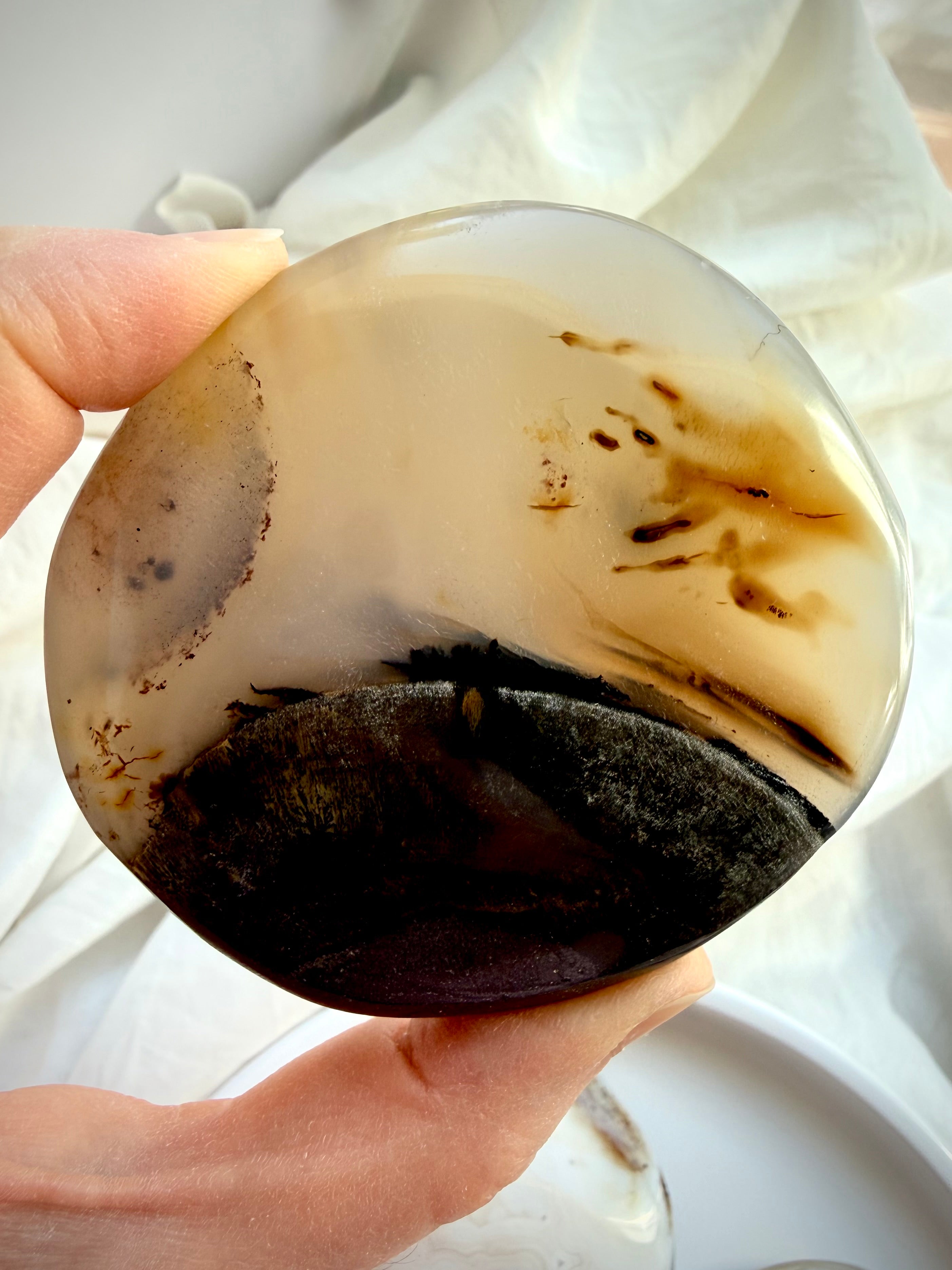 One-of-a-kind Dendritic Agate freeform with dramatic dark brown inclusions, creamy ivory Agate and natural landscape patterns
