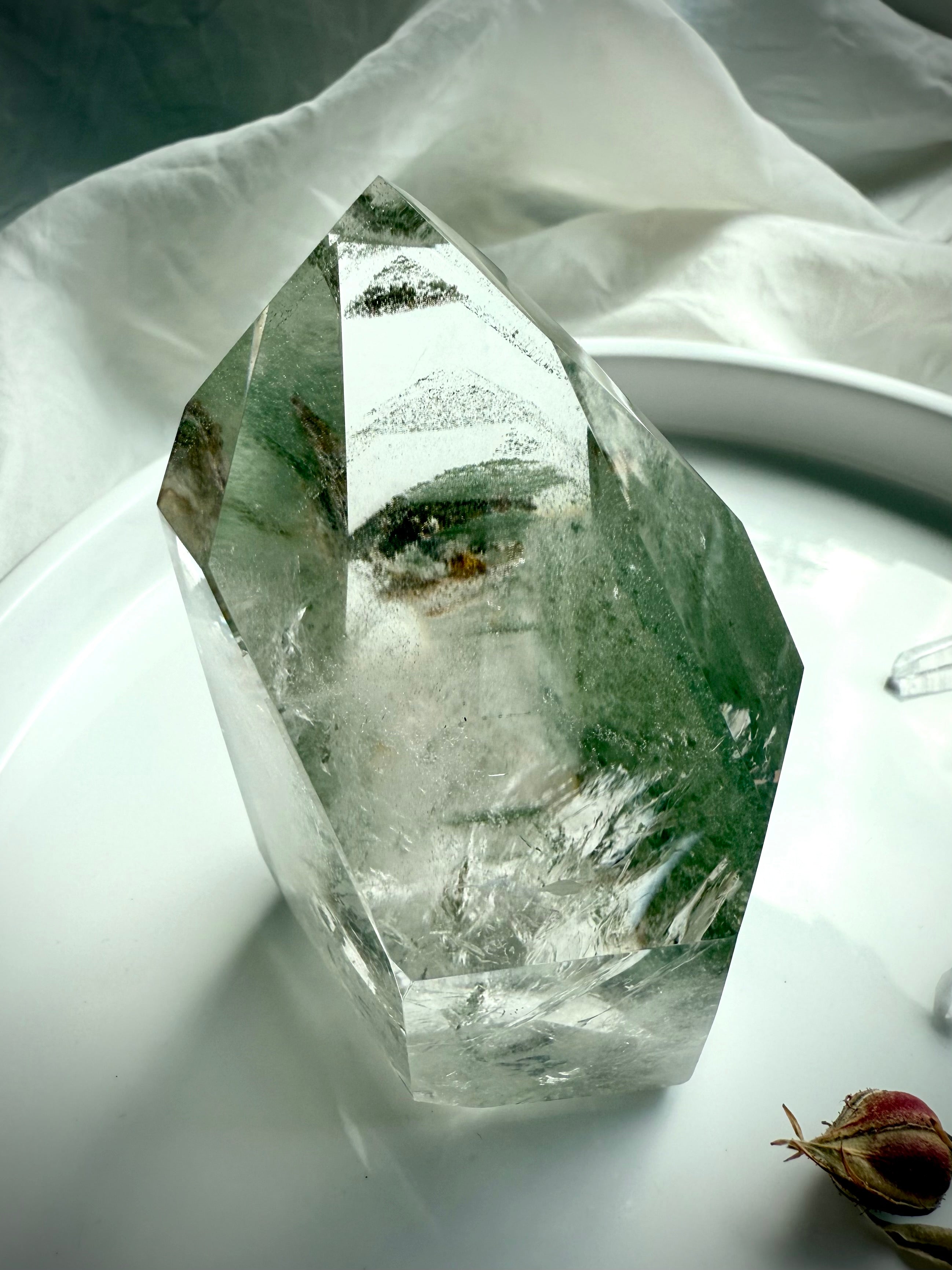 One-of-a-kind Chlorite Phantom Garden Quartz tower with scenic green inclusions and exceptional clarity