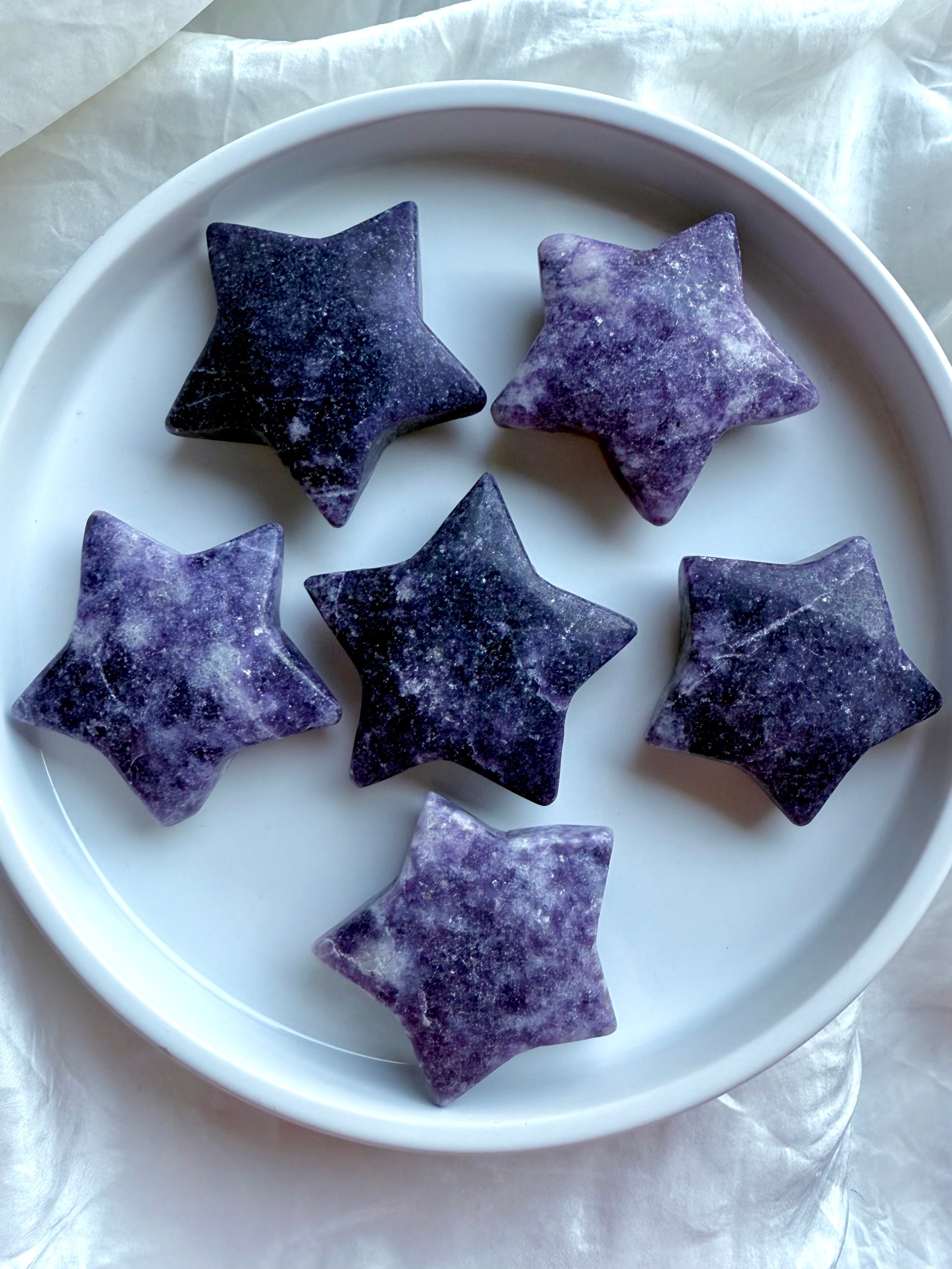 Lepidolite star crystals in deep purple with white marbling, polished for healing and crown chakra balancing.