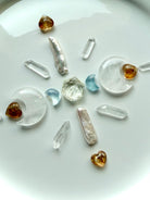 Crystal grid with Citrine hearts and hexagon, Clear Quartz moons and points, Aquamarine moons and Baroque Pearls