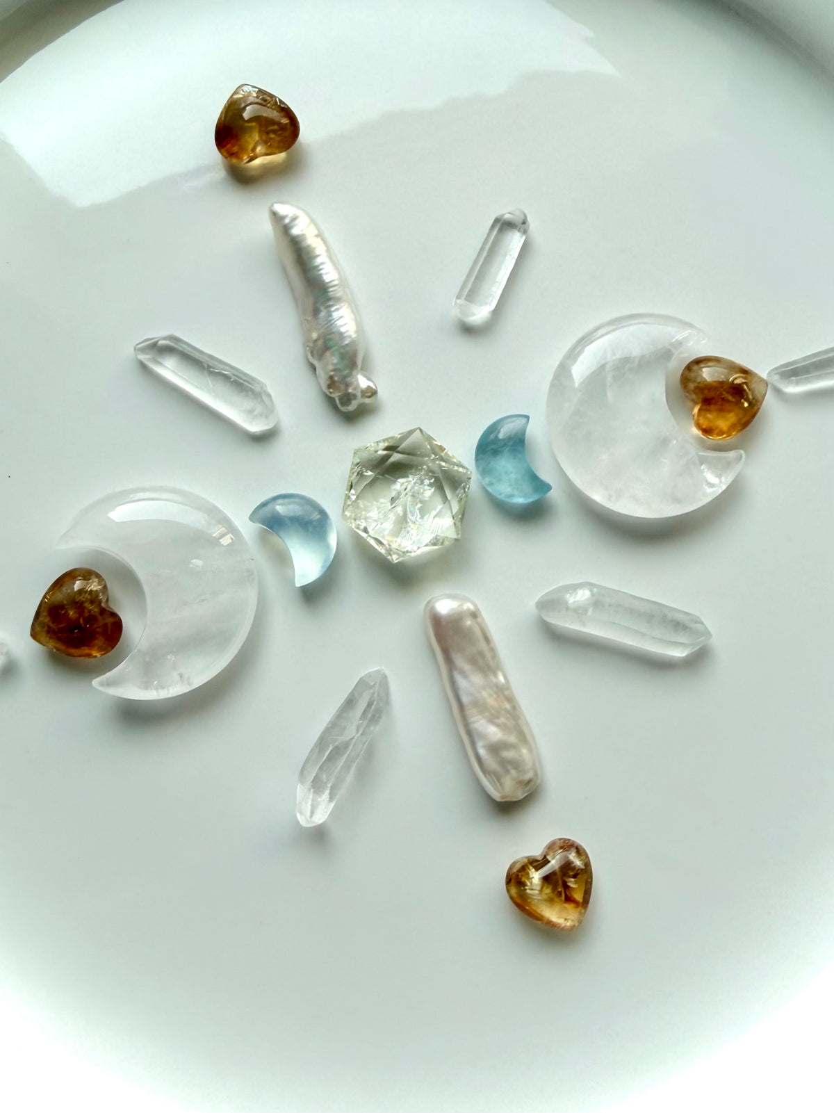 Crystal grid with Citrine hearts and hexagon, Clear Quartz moons and points, Aquamarine moons and Baroque Pearls