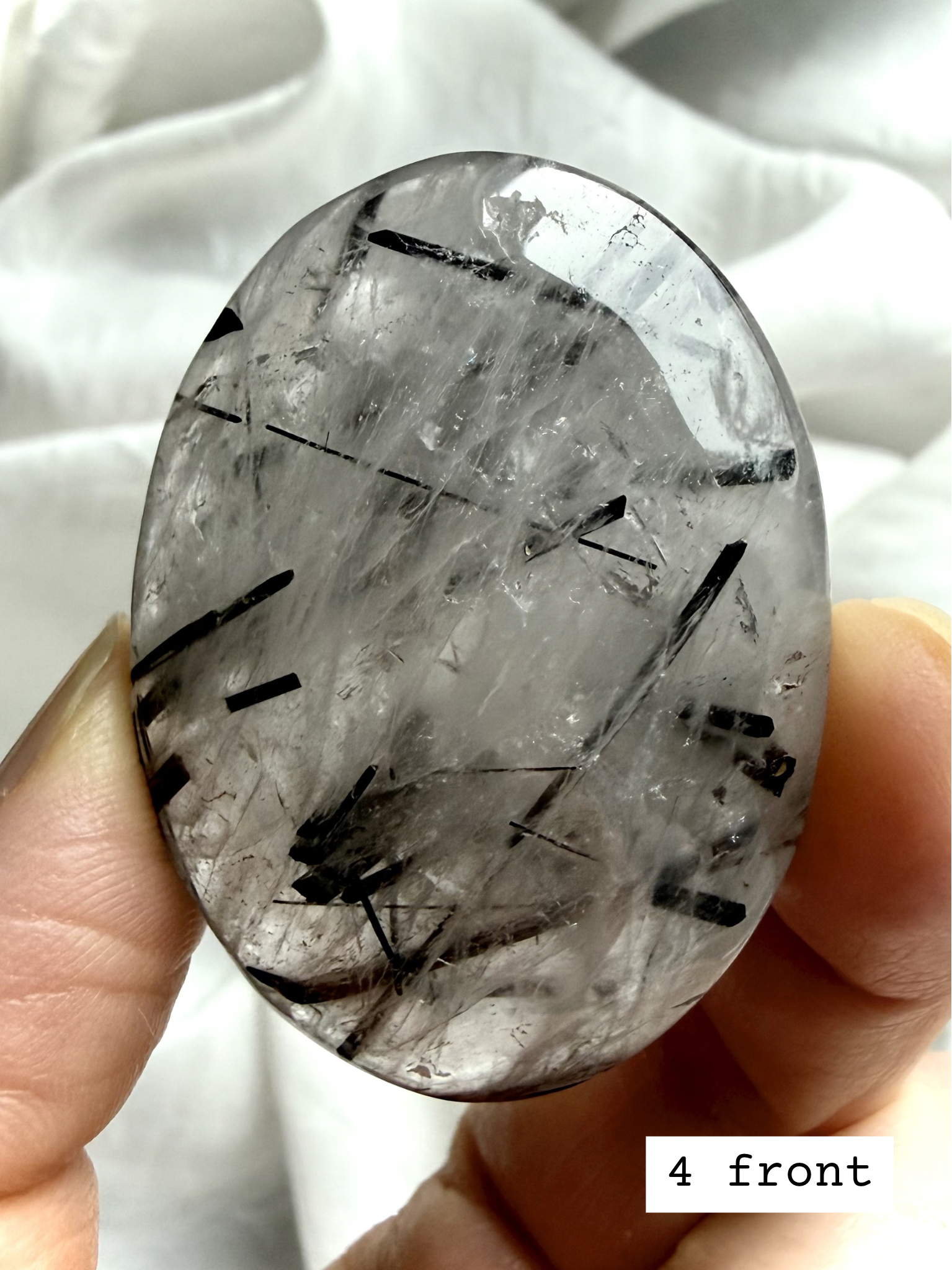Black Tourmaline in Quartz palm stone 4 front view polished Tourmalinated Quartz crystal