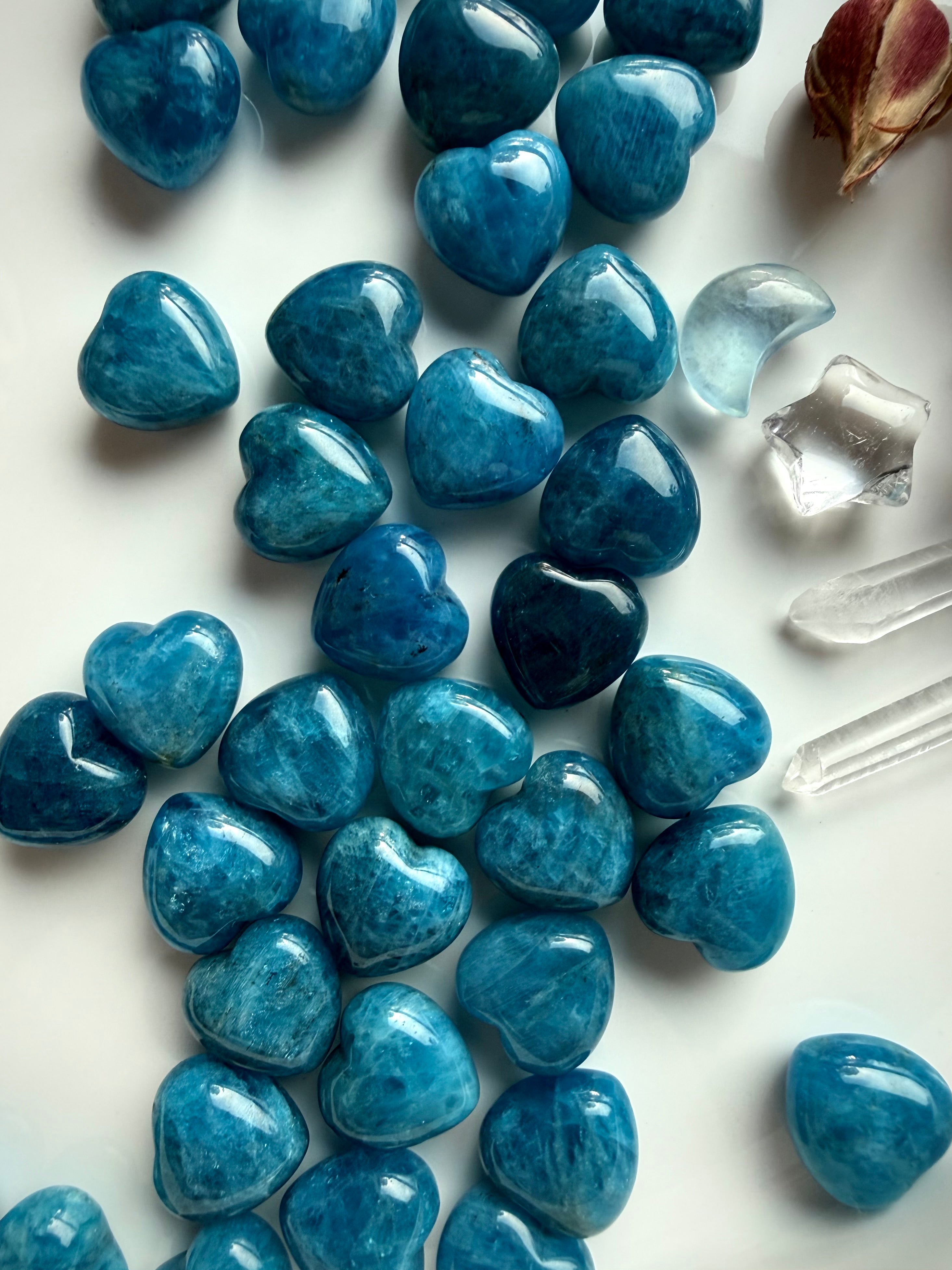 Mini Blue Apatite heart carvings arranged on a white tray, showcasing polished teal-blue crystal hearts with natural marbling for clarity and Throat Chakra healing