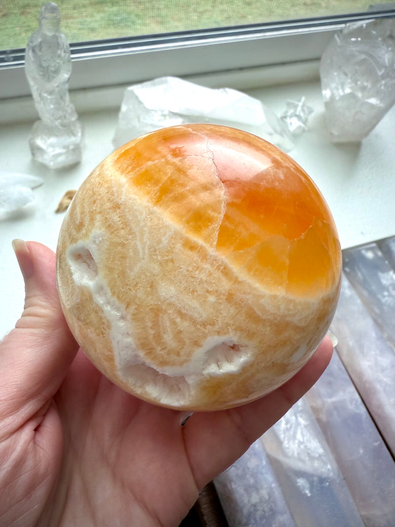 Druzy Orange Calcite Sphere with Stand