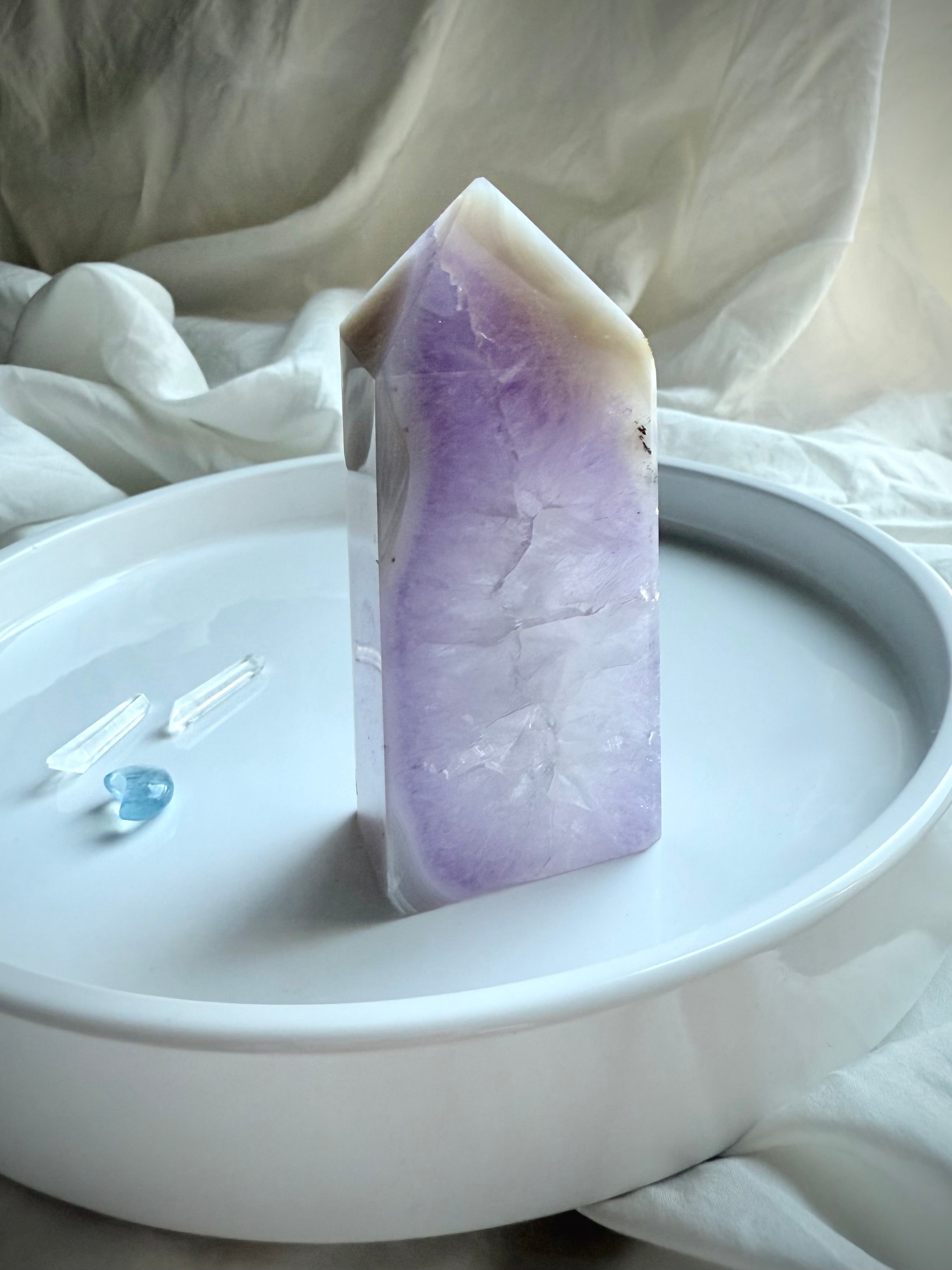 Four-sided Amethyst Geode Tower showing natural crystal core and agate banding