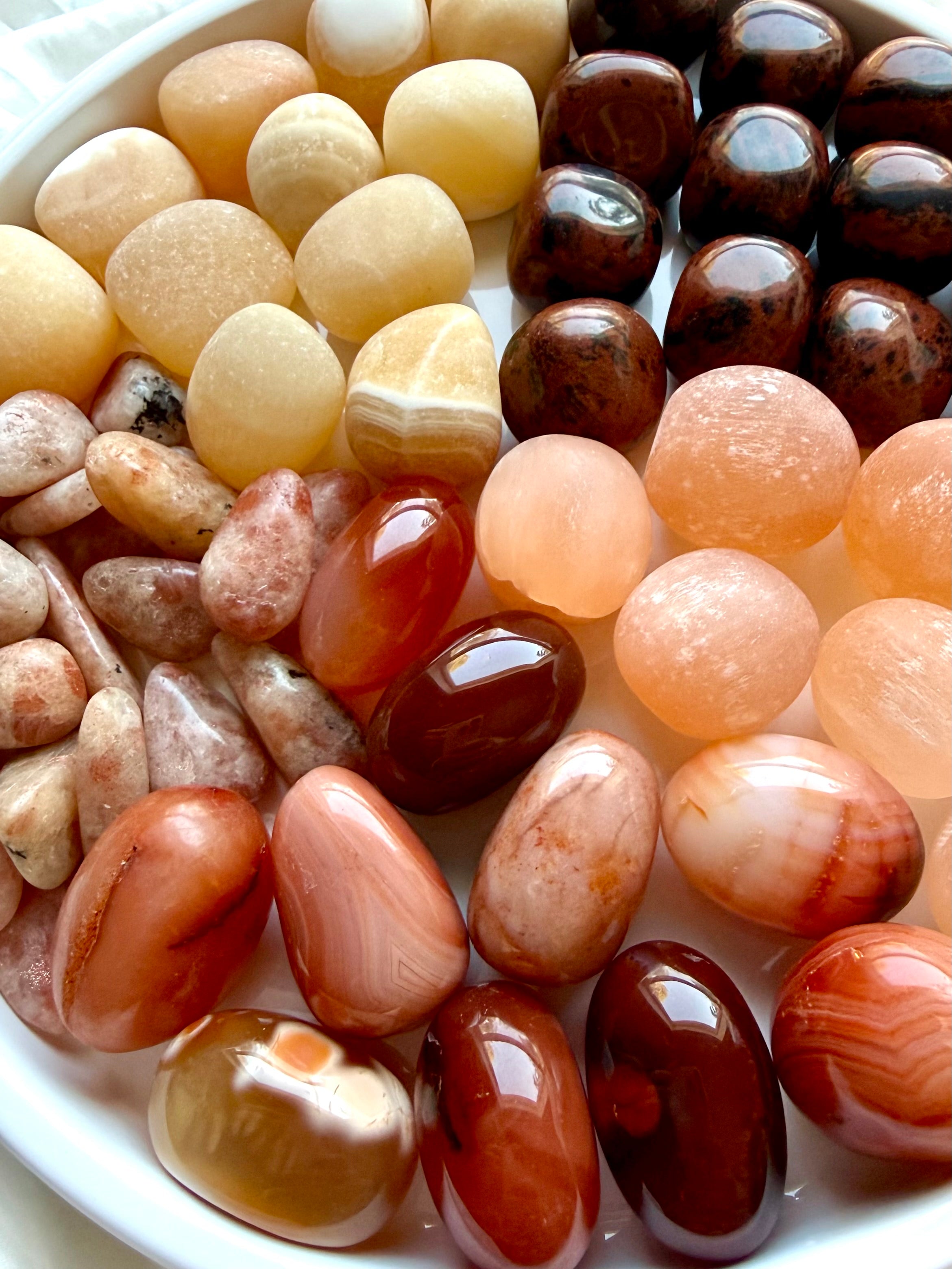 Sacral Chakra crystals grouped by stone type, healing stones for creativity, emotional balance, confidence, and energy
