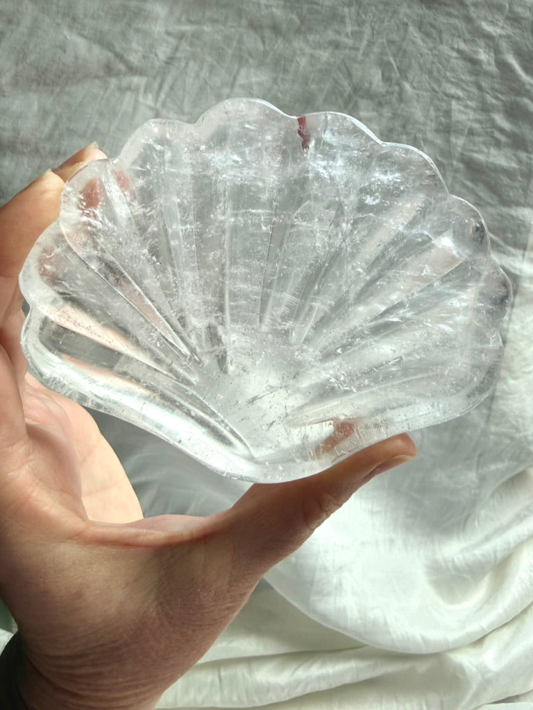 Clear Quartz shell bowl, individual piece #3, showing natural crystal patterns and polished scallop carving.